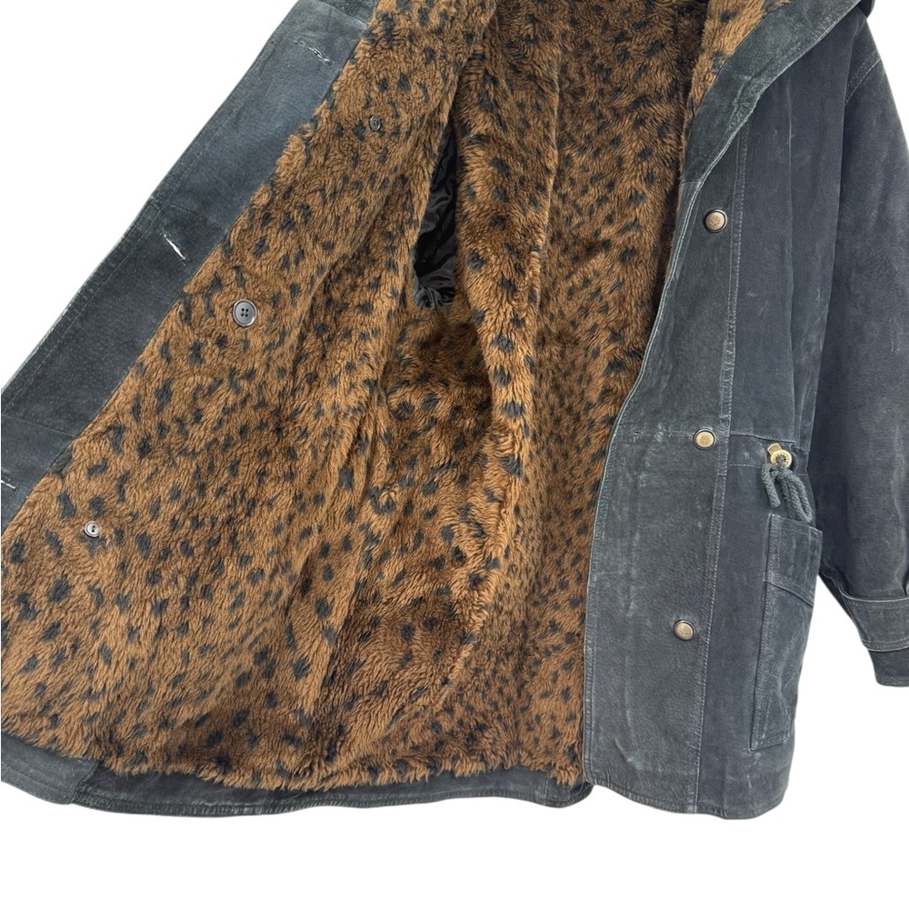 Charles Klein Vintage Leather Leopard Faux Fur Hooded Parka Coat Medium Cinched - Picture 9 of 15